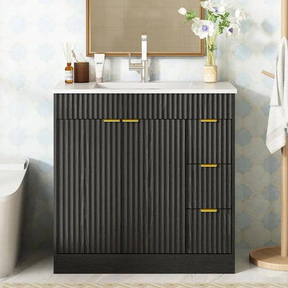 36 Inch Bathroom Vanity with Sink, Modern Fluted Bathroom Vanity with Sink with Storage Cabinet, Adjustable Shelf and 2 Soft Cl