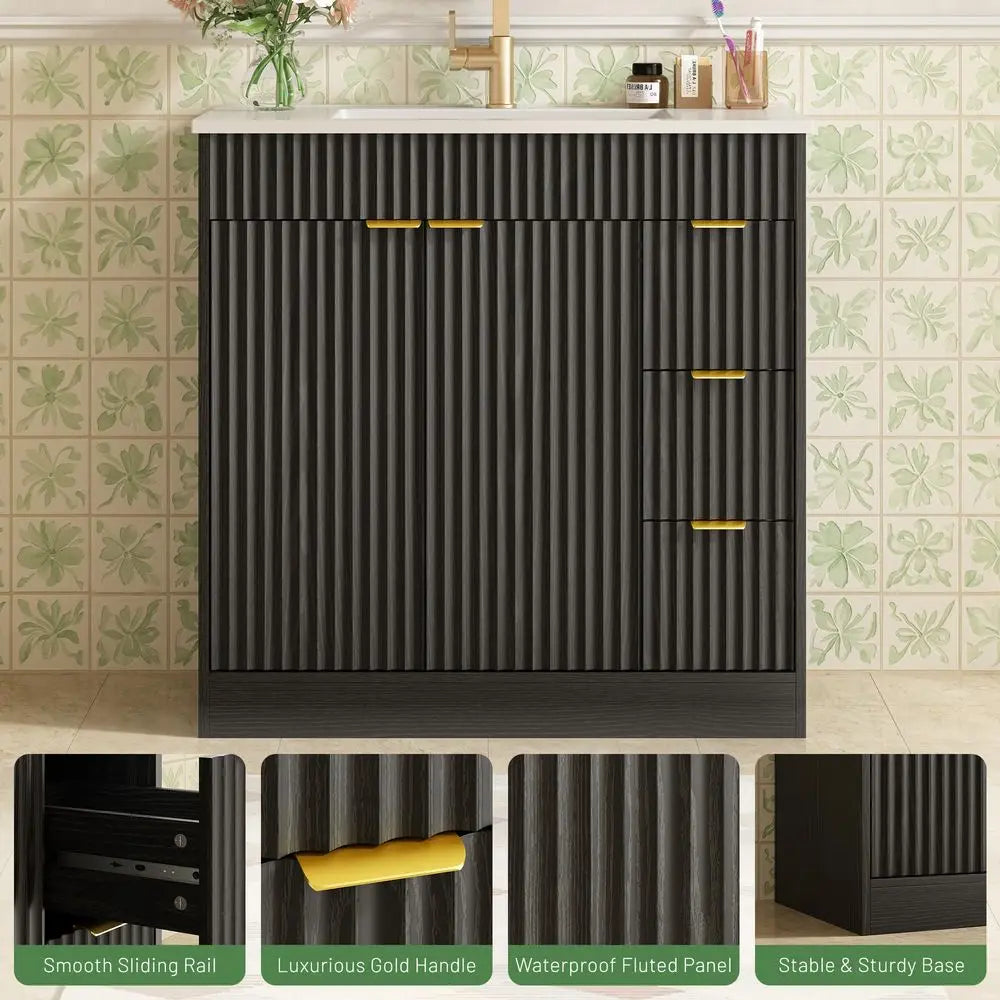 36 Inch Bathroom Vanity with Sink, Modern Fluted Bathroom Vanity with Sink with Storage Cabinet, Adjustable Shelf and 2 Soft Cl