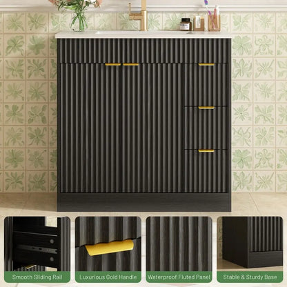 36 Inch Bathroom Vanity with Sink, Modern Fluted Bathroom Vanity with Sink with Storage Cabinet, Adjustable Shelf and 2 Soft Cl