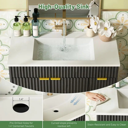 36 Inch Bathroom Vanity with Sink, Modern Fluted Bathroom Vanity with Sink with Storage Cabinet, Adjustable Shelf and 2 Soft Cl