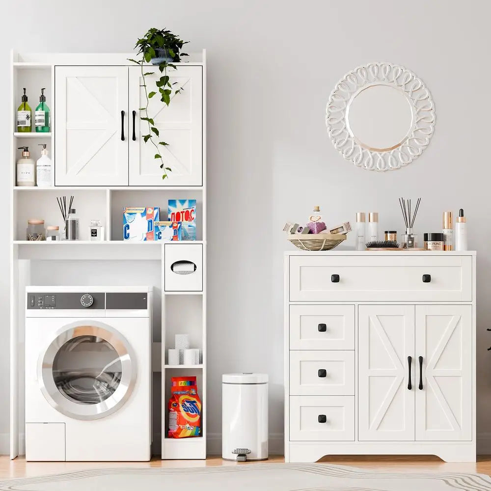 Farmhouse Storage Cabinet with 2 Doors and 4 Drawers, Freestanding Bathroom Storage Cabinet Kitchen Pantry, Floor Hutch Cupboar