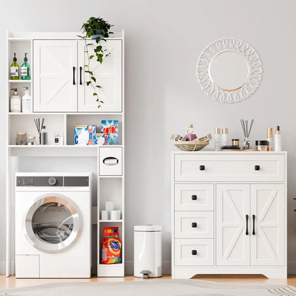 Farmhouse Storage Cabinet with 2 Doors and 4 Drawers, Freestanding Bathroom Storage Cabinet Kitchen Pantry, Floor Hutch Cupboar