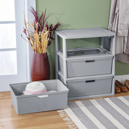 Wide 3 Drawer Tower, Plastic Storage Organizer with Removable Decorative Bins, Easy to Assemble - No Tools Needed, Gray