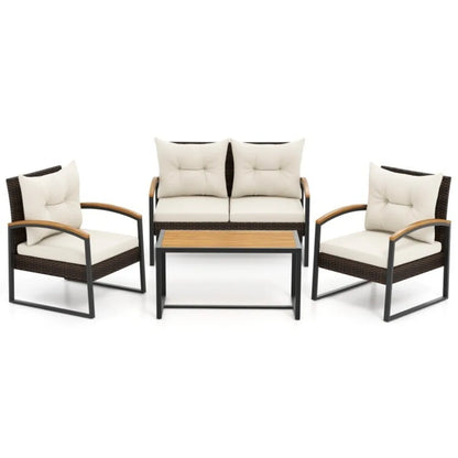 4PCS Patio Outdoor Furniture Rattan Conversation Sofa Set w/Tabletop & Cushions