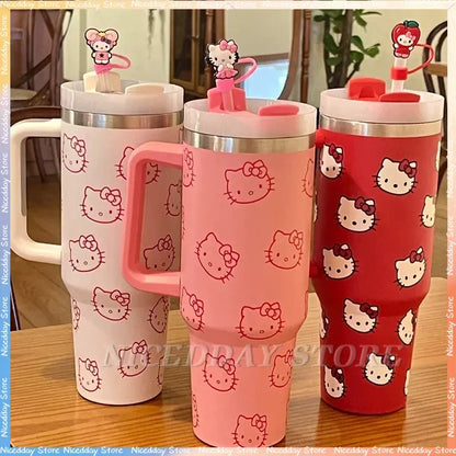 Kawaii Hello Kitty 40oz Stainless Steel Vacuum Cup Anime with Handle Straw Cup Coffee Cup with Packaging Box