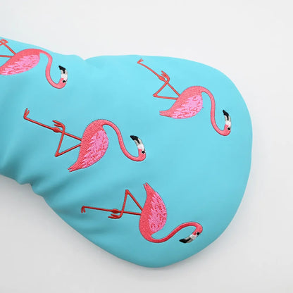 Cute Flamingo Embroidery Golf Headcover Waterproof PU Driver Fairway Wood Hybrid Golf Cover Golf Protection Accessories