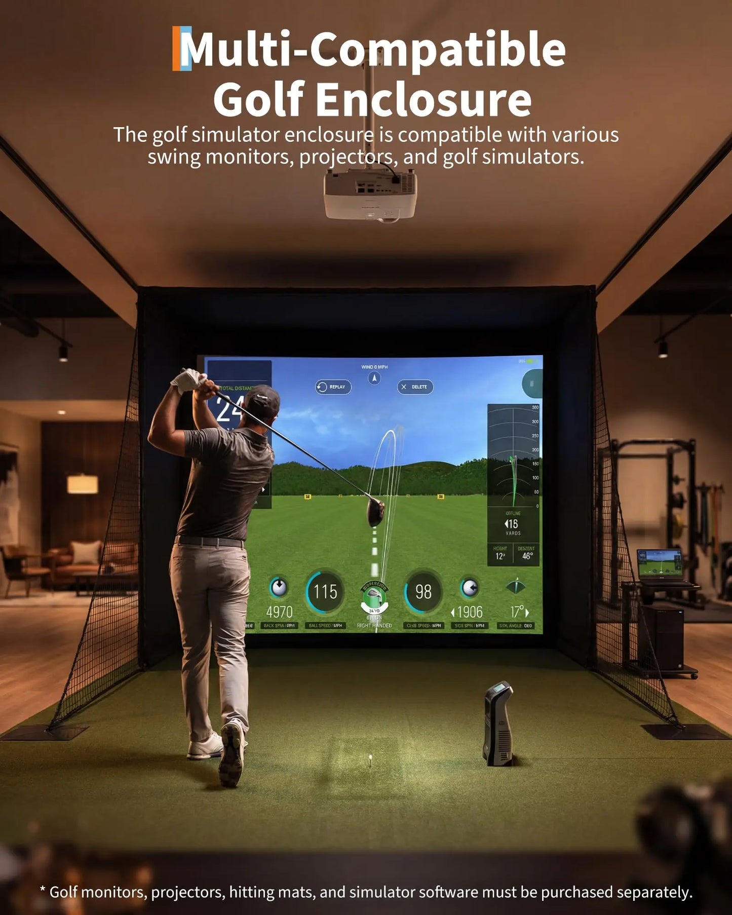 Golf Simulator Enclosure Package, 4K-Ready Impact Screen with Blackout Cage, Frame Poles, Bottom Fence mesh, Side Nets and Sandbags for Indoor or Garage Use, Guardrail