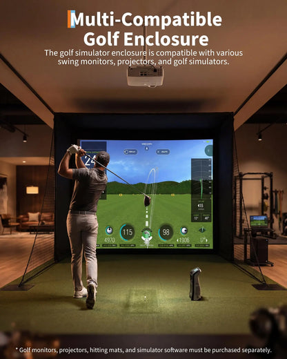 Golf Simulator Enclosure Package, 4K-Ready Impact Screen with Blackout Cage, Frame Poles, Bottom Fence mesh, Side Nets and Sandbags for Indoor or Garage Use, Guardrail
