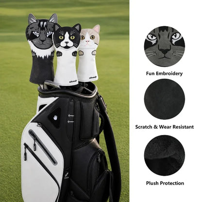Cute Cat Embroidery Golf Headcover Driver Fairway Wood Hybrid Mallet Putter Golf Cover PU Waterproof Plush Inner Golf Protection