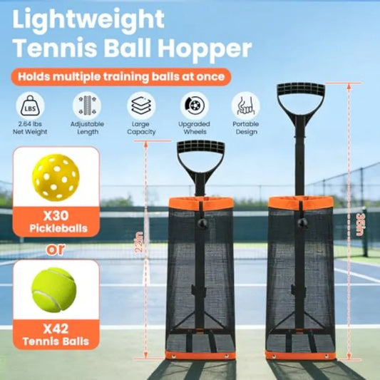 Rolling Tennis Ball Hopper with Wheels - Pickleball Picker Upper and Tennis Ball Basket - Adjustable Tennis Ball Picker and Pic