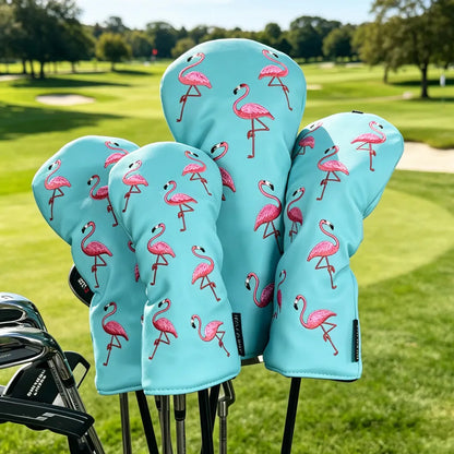 Cute Flamingo Embroidery Golf Headcover Waterproof PU Driver Fairway Wood Hybrid Golf Cover Golf Protection Accessories