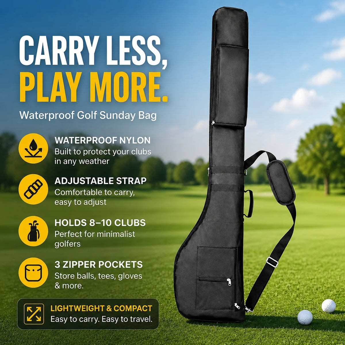 Waterproof Golf Sunday Bag Nylon Foldable Carry Travel Case with Adjustable Strap, Holds 8-10 Clubs, 3 Pockets, Padded Shoulder