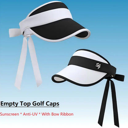 SG Korean Style Golf Cap Women Empty Top Sun Hats Girls Adjustable Large Brim Anti-UV Sports Caps Lady Headcover with Bow Ribbon