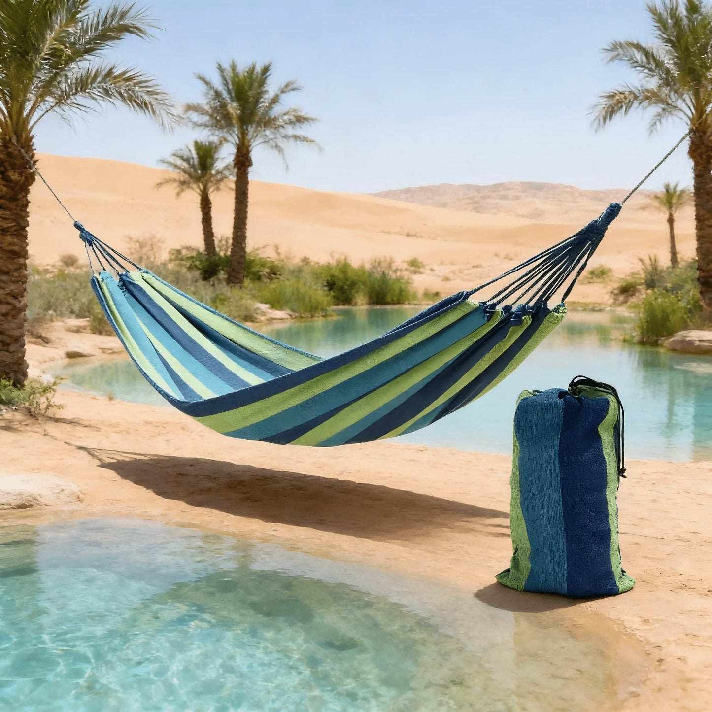 Blue-Green Striped Camping Hammock | Portable & Tear-Resistant Outdoor Relaxation Essential