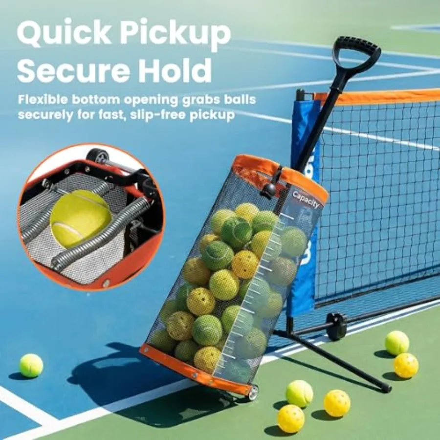 Rolling Tennis Ball Hopper with Wheels - Pickleball Picker Upper and Tennis Ball Basket - Adjustable Tennis Ball Picker and Pic
