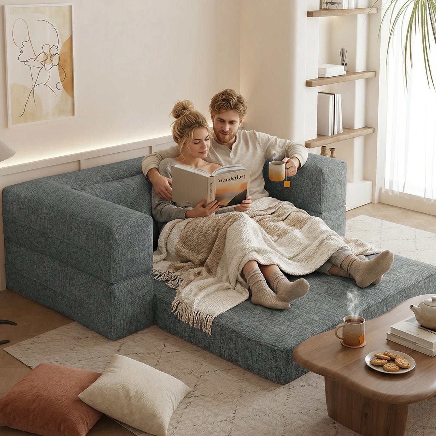 1.5m 1.8m 3-in-1 Chenille Vacuum Compressible Sofa Bed Home Foldable Floor Couch Soft Loveseat Lazy Sofa For Living Room Bedroom