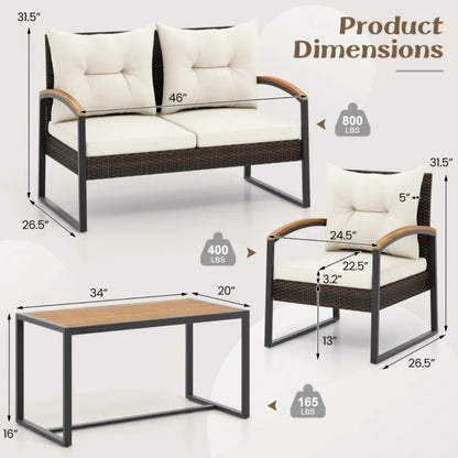 4PCS Patio Outdoor Furniture Rattan Conversation Sofa Set w/Tabletop & Cushions