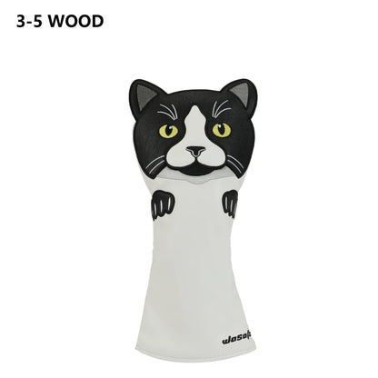 Cute Cat Embroidery Golf Headcover Driver Fairway Wood Hybrid Mallet Putter Golf Cover PU Waterproof Plush Inner Golf Protection