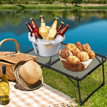 Small Foldable Table Beach Table With Mesh Desktop 23.6 X 15.7 Inch Metal Desk For Cooking Grilling Tailgate Backyard Fishing