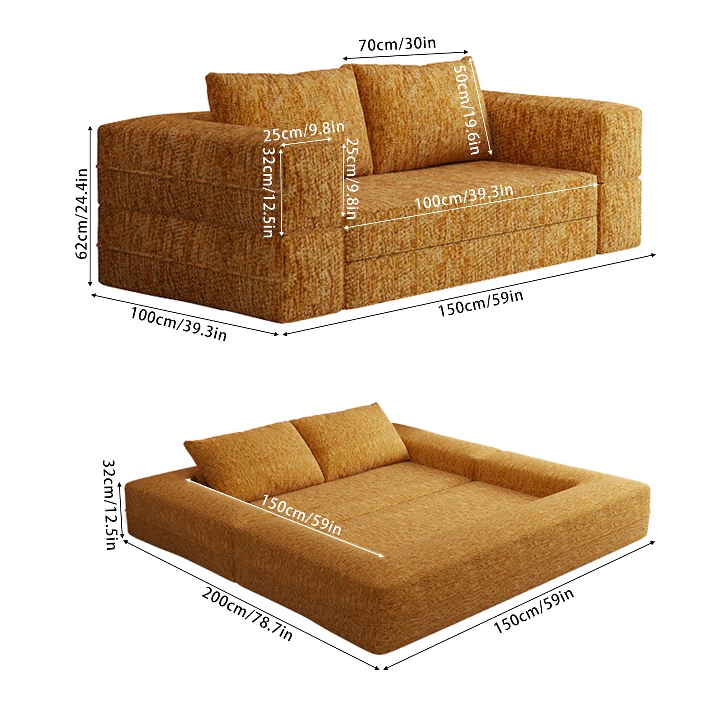 1.5m 1.8m 3-in-1 Chenille Vacuum Compressible Sofa Bed Home Foldable Floor Couch Soft Loveseat Lazy Sofa For Living Room Bedroom