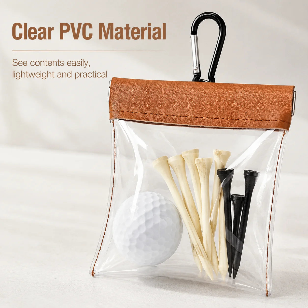 Clear PVC Golf Tee Pouch Portable Self Closing Storage Bag with Hanging Hook for Golf Course Practice Golf Bag Organization