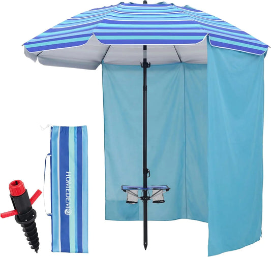 7FT Heavy Duty Windproof Beach Umbrella with Table & Anchor, UPF 50+ Sun Protection, Adjustable Aluminum Pole
