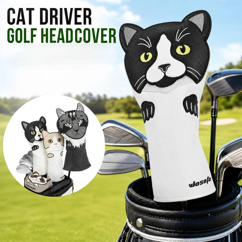 Cute Cat Embroidery Golf Headcover Driver Fairway Wood Hybrid Mallet Putter Golf Cover PU Waterproof Plush Inner Golf Protection