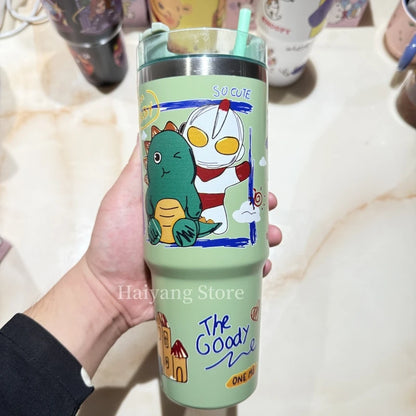 900ML Stainless Steel Insulated Cup Anime Cute Student Drinking Straw Cup High Capacity Coffee Cup