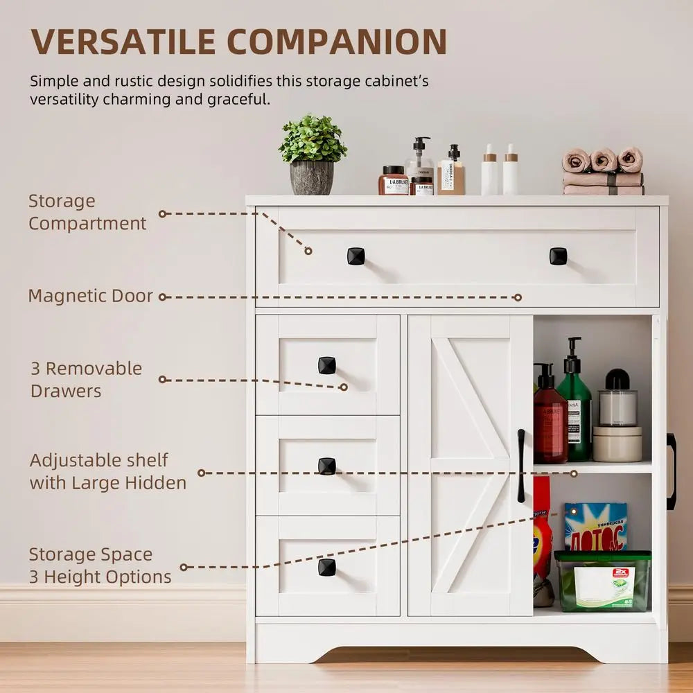 Farmhouse Storage Cabinet with 2 Doors and 4 Drawers, Freestanding Bathroom Storage Cabinet Kitchen Pantry, Floor Hutch Cupboar