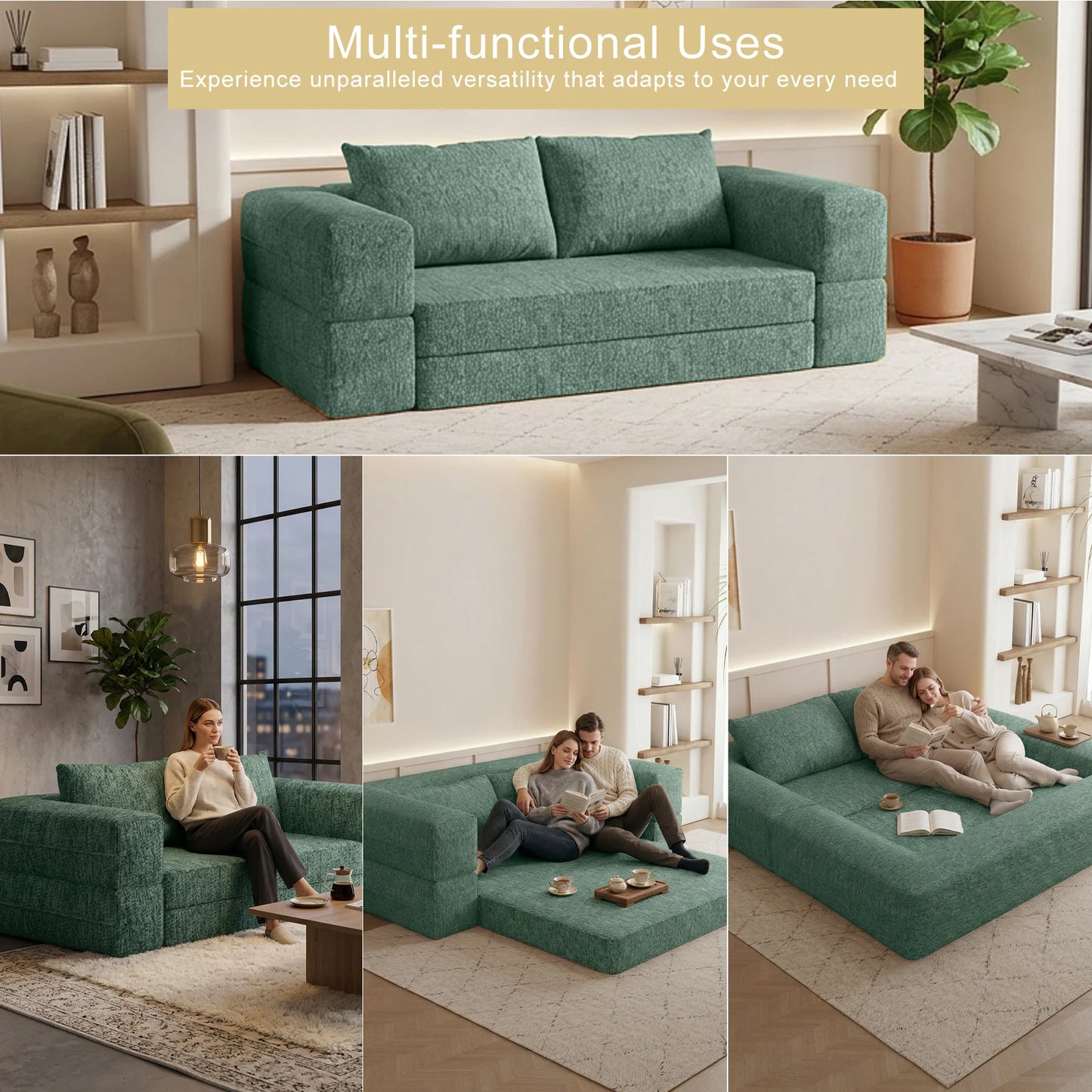 1.5m 1.8m 3-in-1 Chenille Vacuum Compressible Sofa Bed Home Foldable Floor Couch Soft Loveseat Lazy Sofa For Living Room Bedroom