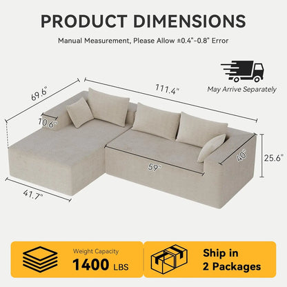 111 Inch L-Shaped Cloud Sectional Sofa Couch, Compression Couch with Chaise, Modular Deep Seat Boneless Design for, Customized