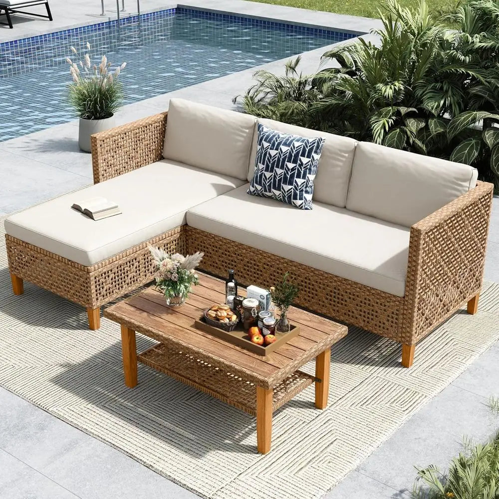 Beige 3-Piece Outdoor L-Shaped Wicker Sofa Set with Rattan Sectional and Acacia Coffee Table for Patio or Backyard