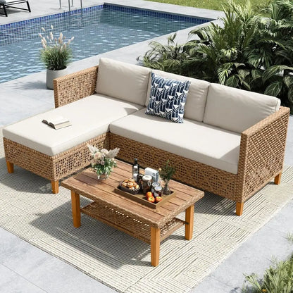 Beige 3-Piece Outdoor L-Shaped Wicker Sofa Set with Rattan Sectional and Acacia Coffee Table for Patio or Backyard