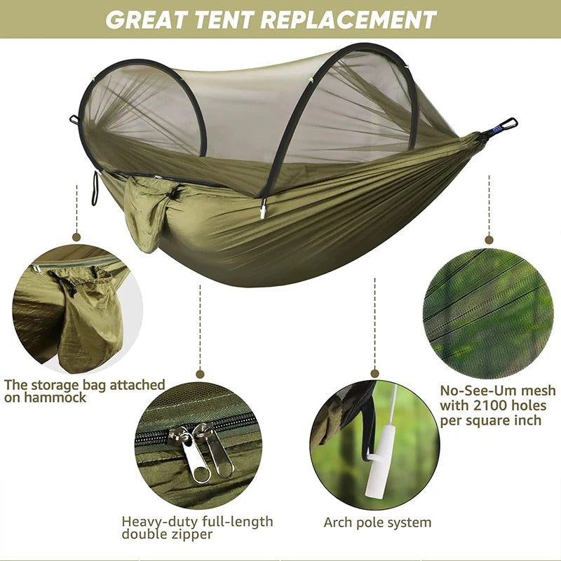 Outdoor Camping Hammock with Mosquito Net | Automatic Quick Opening Hanging Hammocks Fabric Hanging Sleeping Swing Bed