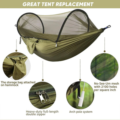 Outdoor Camping Hammock with Mosquito Net | Automatic Quick Opening Hanging Hammocks Fabric Hanging Sleeping Swing Bed