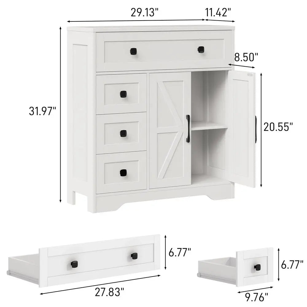 Farmhouse Storage Cabinet with 2 Doors and 4 Drawers, Freestanding Bathroom Storage Cabinet Kitchen Pantry, Floor Hutch Cupboar