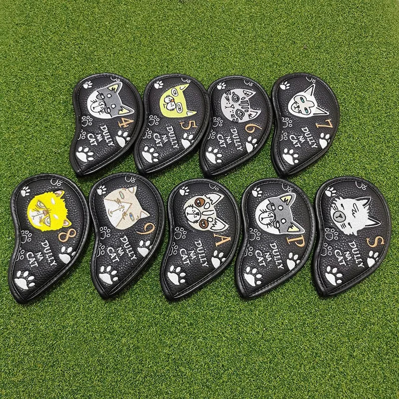 Cute Cartoon Cat Golf Iron Headcover Set PU Waterproof Golf Club Protective Covers Golf Accessories