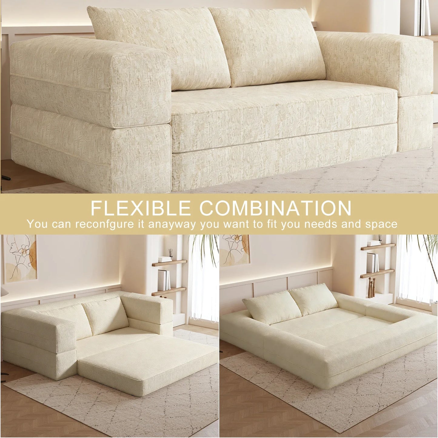 1.5m 1.8m 3-in-1 Chenille Vacuum Compressible Sofa Bed Home Foldable Floor Couch Soft Loveseat Lazy Sofa For Living Room Bedroom