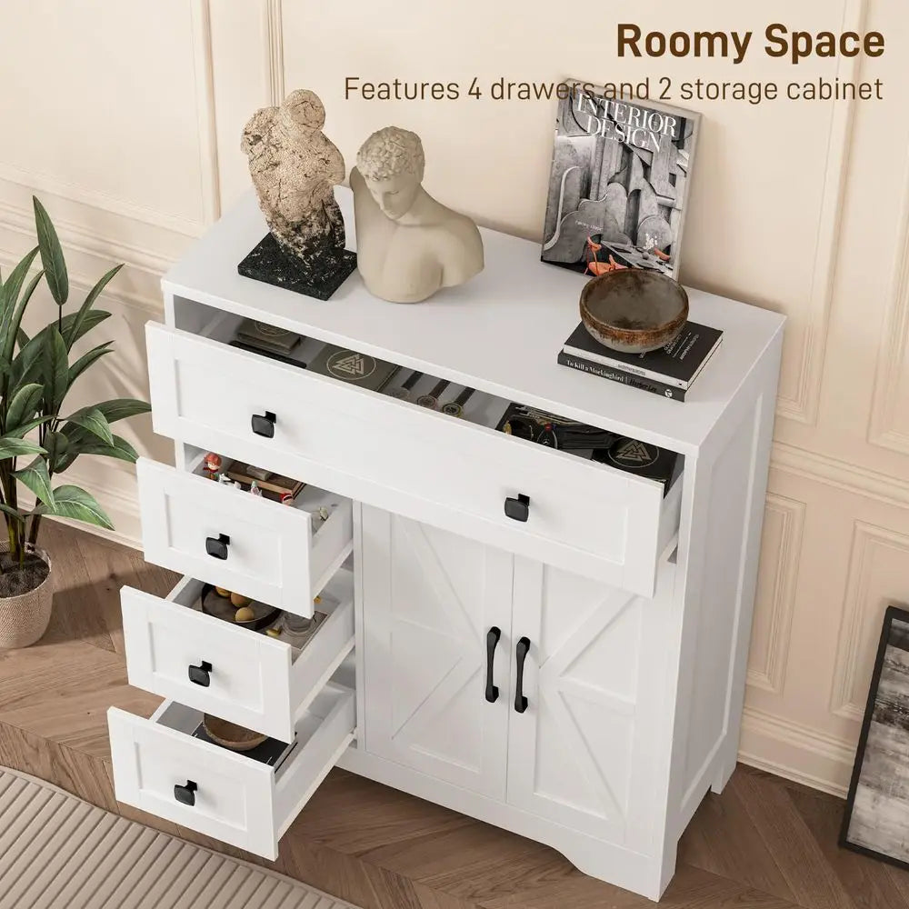 Farmhouse Storage Cabinet with 2 Doors and 4 Drawers, Freestanding Bathroom Storage Cabinet Kitchen Pantry, Floor Hutch Cupboar