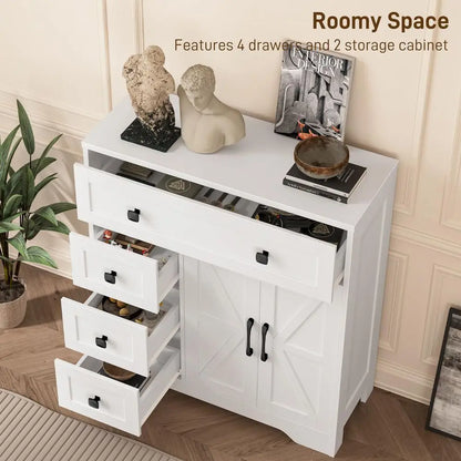 Farmhouse Storage Cabinet with 2 Doors and 4 Drawers, Freestanding Bathroom Storage Cabinet Kitchen Pantry, Floor Hutch Cupboar