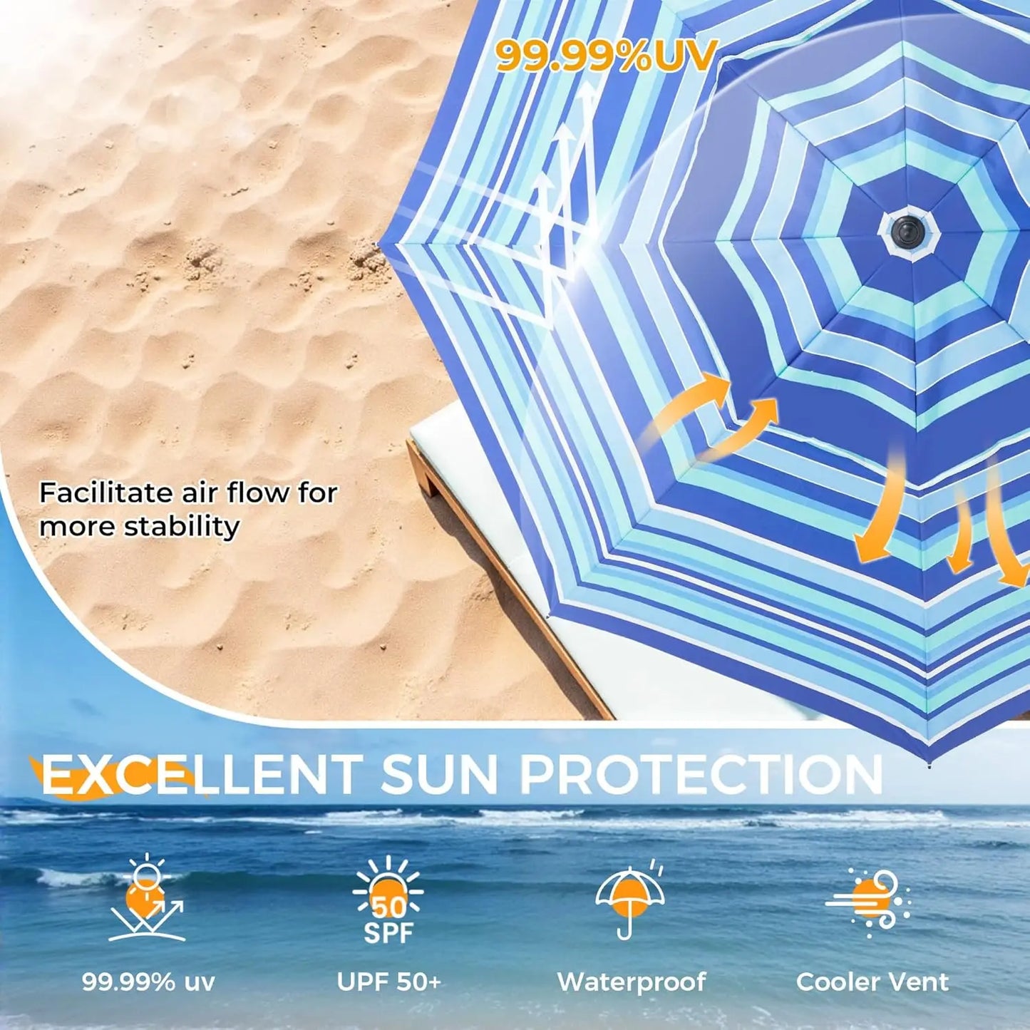7FT Heavy Duty Windproof Beach Umbrella with Table & Anchor, UPF 50+ Sun Protection, Adjustable Aluminum Pole
