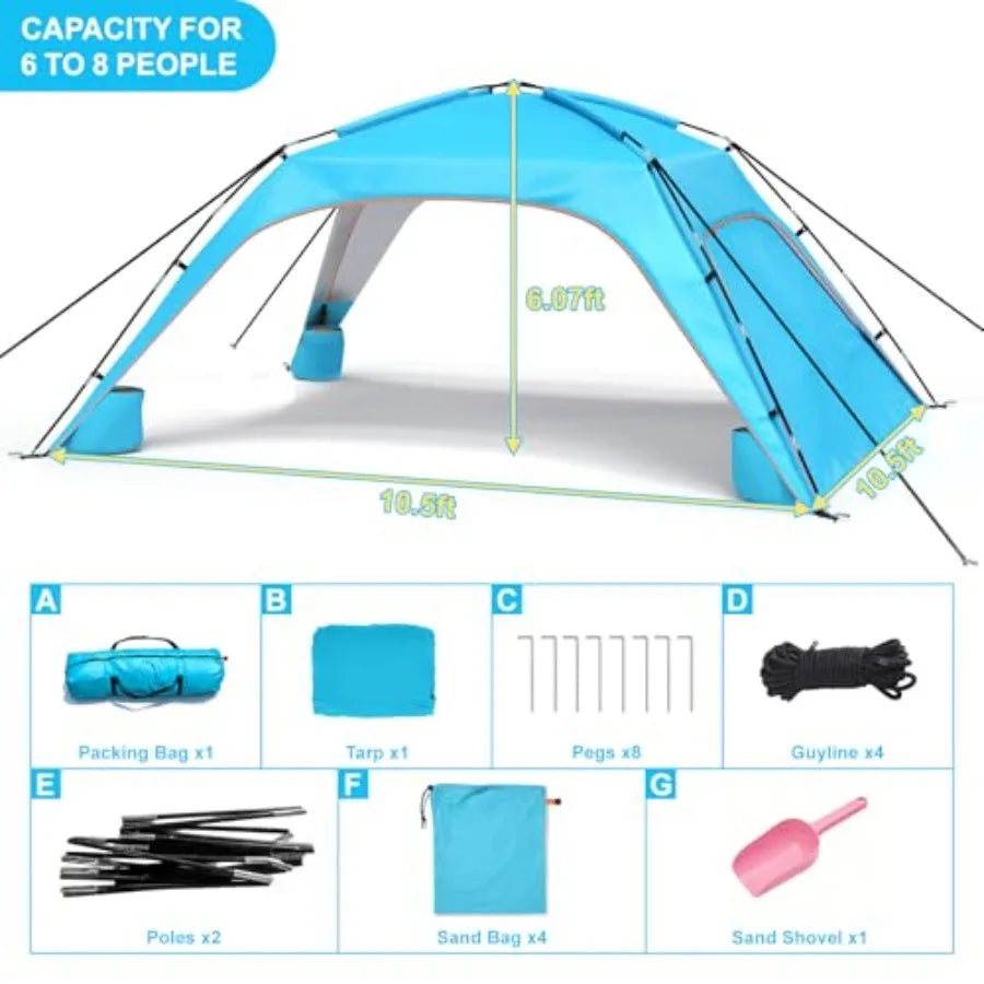 Beach Tent Sun Shelter for 6-8 Person Beach Sun Shelter with UPF50+ UV Protection Lightweight Beach Canopy with Vent-to-Privacy