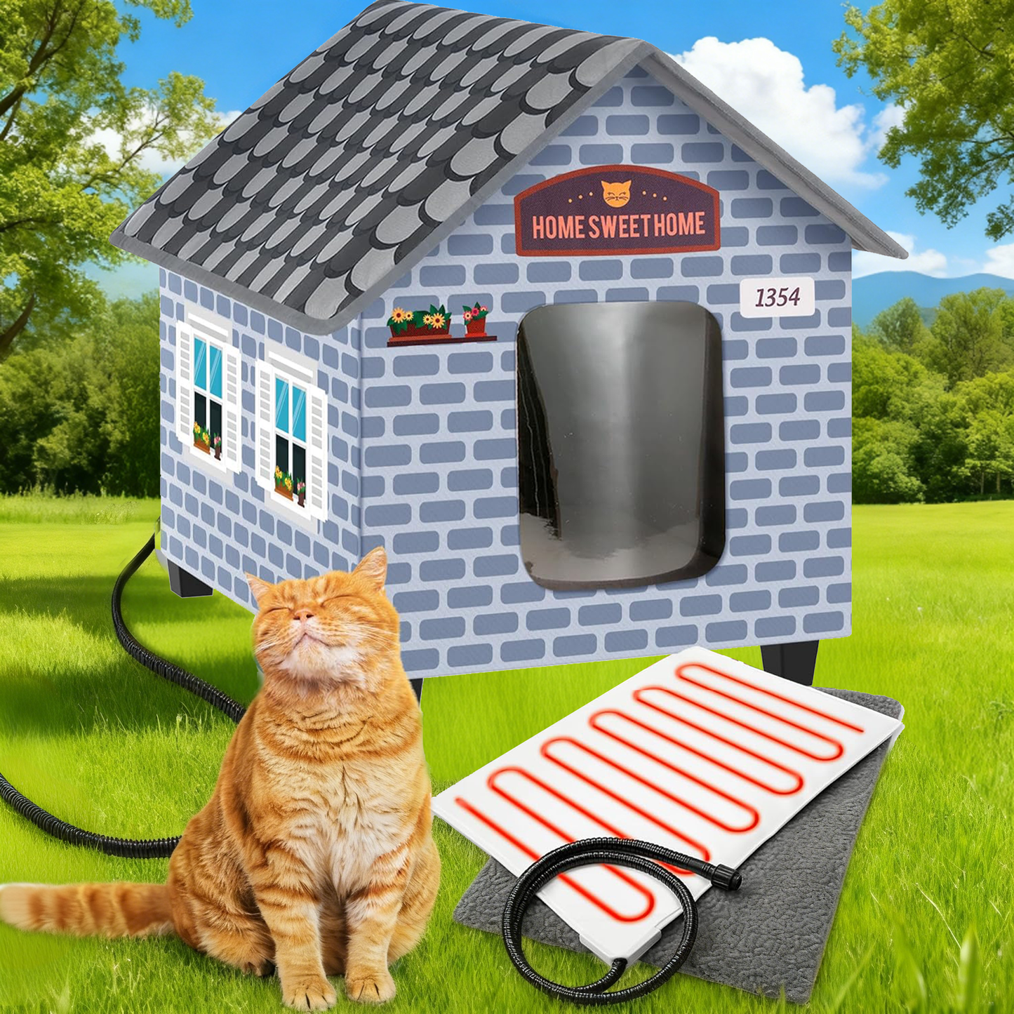 Deluxe Heated Cat House For Winter | Weatherproof & Insulated | Easy Assembly | Cat Heating Pad | Dual Escape Doors | Outdoor & Indoor Use | Blue Tiles Pethouse