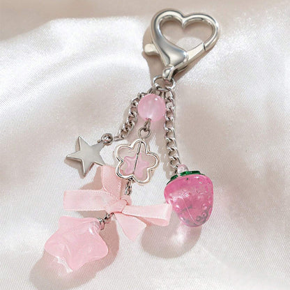 Imitation Pearl Bow Heart Pendant Bag Pendant Pink Strawberry Hollow Flower Tulip Beaded Keychain Accessories