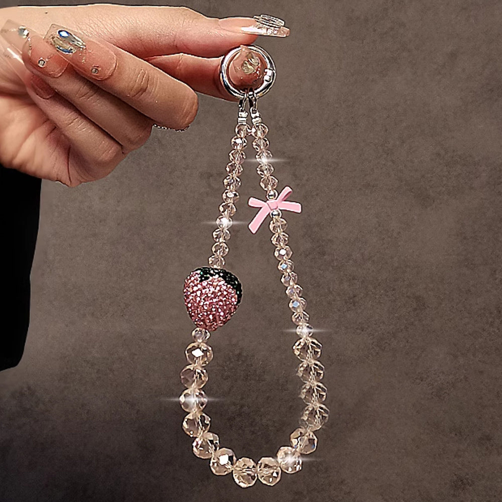 Luxury Bling Pink Strawberry Bow Crystal Pendant Phone Chain For iPhone Jewelry Strap Gift Girl Hanging Decor Keyring Cord Rope