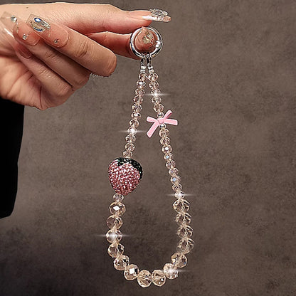 Luxury Bling Pink Strawberry Bow Crystal Pendant Phone Chain | Jewelry Strap & Multi-Purpose Keyring Cord