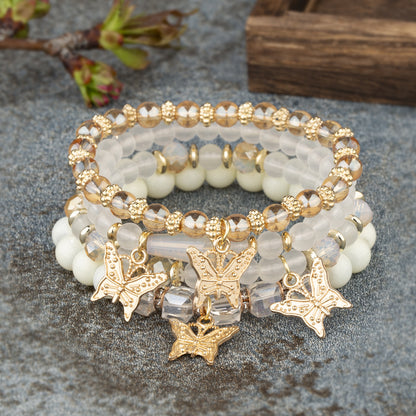 4Pcs Trendy Butterfly Beaded Bracelet Set | Women’s Bohemian Elastic Bangle—Pink Acrylic Jewelry Gift