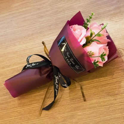 3 Heads Mini Artificial Rose Soap Bouquet | Hand-Held Valentine’s Gift | Gift Box Decor + Bath/Facial Soap