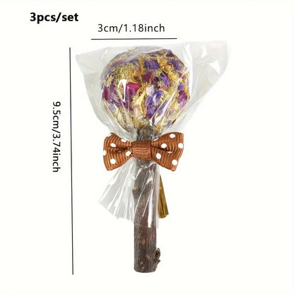 3-Pack Rabbit Lollipop Chew Toys Teeth Grinding Candy-Shaped Pet Chews With Petal Design | Apple Branch Chew Wood For Rabbits Guinea Pigs Teeth Grinding Treats