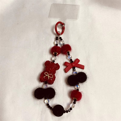 Cartoon Crystal Bear Phone Short Lanyard | Autumn & Winter New Plush Ball Wrist Chain with Luxury Beaded Pendant